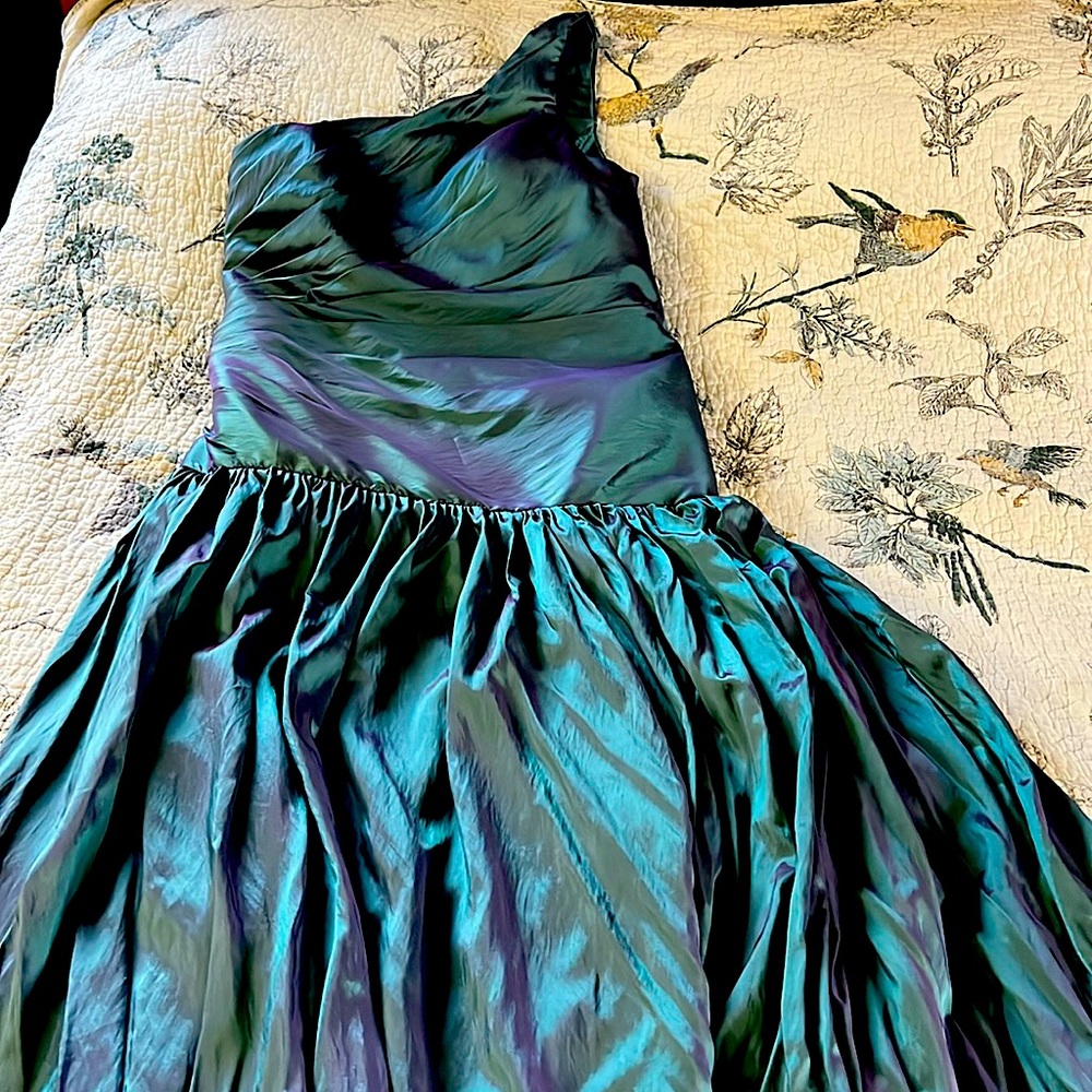 Custom, hand-made high-low dress in iridescent blue that shimmers like a mermaid